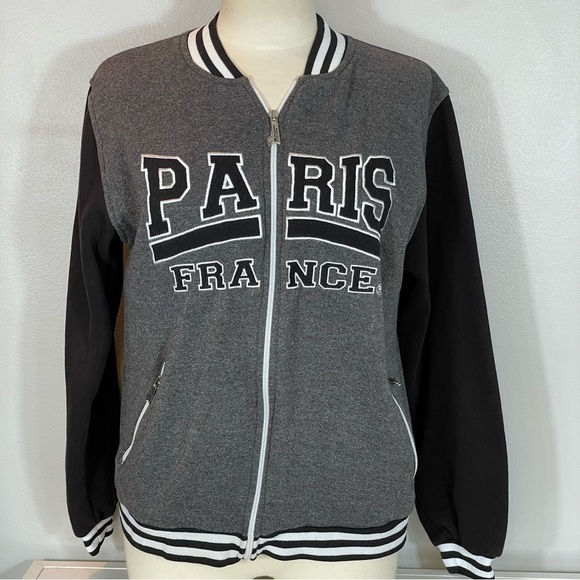NoS Paris France Embroidered Black Gray Fleece Knit Zip Bomber Jacket Sz M - Picture 1 of 10